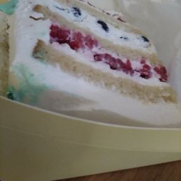 Triple Berry slice of cake in the box.