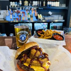 Ridge and Rail - Rodeo burger with BBQ sauce, onion rings & bacon for the win