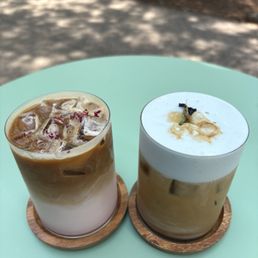 Iced rose latte, blue jasmine latte Iced rose latte, blue jasmine latte