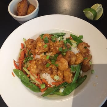 Bleu Monkey Grill - Firecracker Shrimp special (fried shrimp with a firecracker sauce, white rice and veggies) w. a side of Fried Plantains and lime - Bars Near Me - Hot Springs, Arkansas Bleu Monkey Grill - Firecracker Shrimp special (fried shrimp with a firecracker sauce, white rice and veggies) w. a side of Fried Plantains and lime - Bars Near Me - Hot Springs, Arkansas