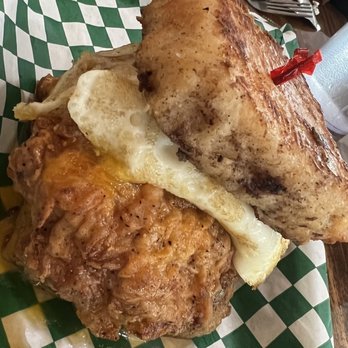 Pine Street Eats & Sweets - French toast biscuit fried chicken and egg sammich - Breakfast & Brunch Near Me - Tomball, Texas