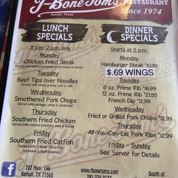 T-Bone Tom's - Daily specials - Barbeque Near Me - Kemah, Texas