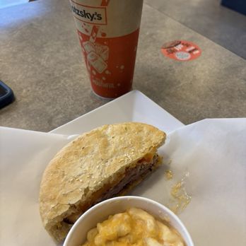 Schlotzsky's - Beef bacon Smokecheesy sandwich and side of Mac & cheese - Sandwiches Near Me - Jackson, Georgia