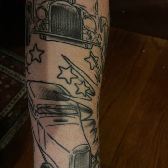 Blue Honeymoon Tattoo - Outline of my (In-progress) Hot Rod sleeve. To be colored-in soon. - Tattoo Near Me - Islip, New York