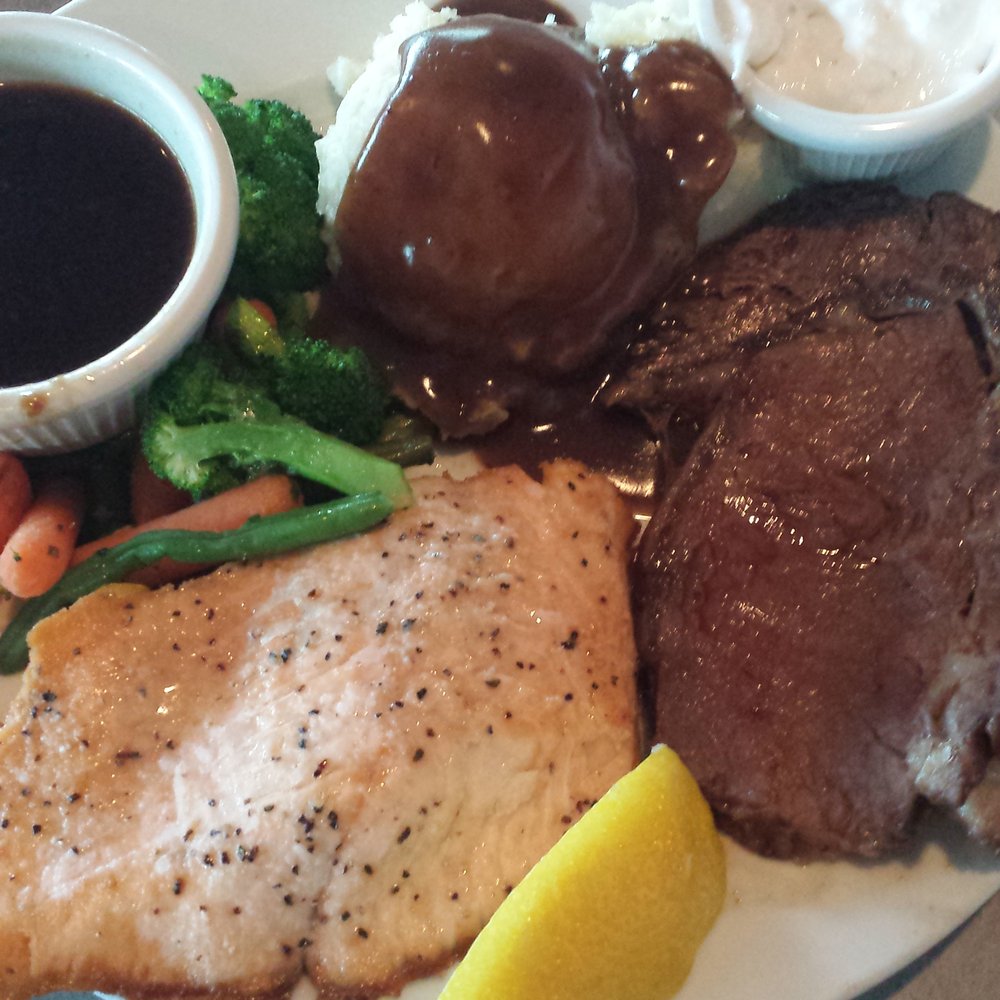 Springs Restaurant - Surf & turf (6oz prime. $25) - Salad Near Me - Bonners Ferry, Idaho Springs Restaurant - Surf & turf (6oz prime. $25) - Salad Near Me - Bonners Ferry, Idaho