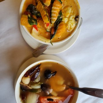 Divine Thai - Top: Pumpkin Curry with tofu and vegetables Bottom: Tom Yum soup with shrimp - Thai Near Me - Grover Beach, California