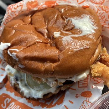 Popeyes Louisiana Kitchen - The chicken sandwich. Disgusting. Mayo everywhere. Burnt bun. Brown pickles. Soggy Bun. Nasty. - Fast Food Near Me - Randolph, Massachusetts