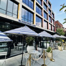 tables and umbrellas in front of a building