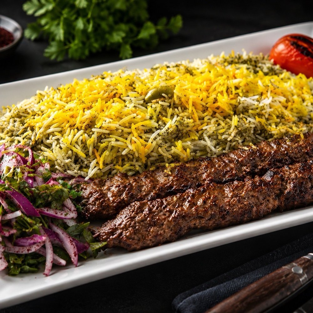 Kabob Place - Bakali Polo Rice and Koobeede- rice with seasoning and Lima beans with beef kabobs. - Middle Eastern Near Me - Turlock, California Kabob Place - Bakali Polo Rice and Koobeede- rice with seasoning and Lima beans with beef kabobs. - Middle Eastern Near Me - Turlock, California