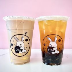QTea Boba - Hokkaido milk tea w/ egg pudding and passion fruit tea w/ boba