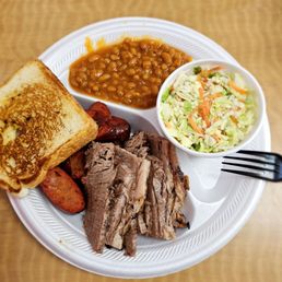 Two meat plate:Brisket, hot Link, baked beans and coleslaw Two meat plate:Brisket, hot Link, baked beans and coleslaw