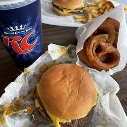 Double Cheeseburger, Onion Rings, RC Cola Double Cheeseburger, Onion Rings, RC Cola
