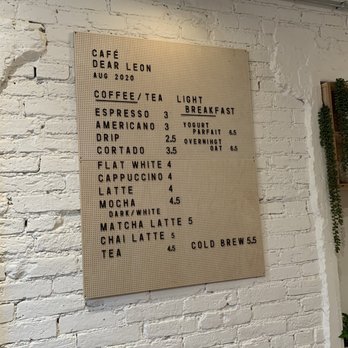 Café Dear Leon - Menu inside of their drinks and some items - Cafes Near Me - Baltimore, Maryland
