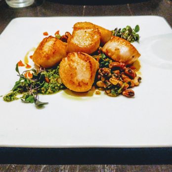 Cafe Momentum Dallas - Smoked Scallops - Texas caviar, andouille, cilantro jalapeño pesto - New American Near Me - Dallas, Texas Cafe Momentum Dallas - Smoked Scallops - Texas caviar, andouille, cilantro jalapeño pesto - New American Near Me - Dallas, Texas