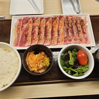 Yakiniku Like - August Special $10 Set.  Perfect portion for me.  Rice, kimchee, salad, miso soup & 10 slices of kalbi to grill. - Japanese Near Me - Honolulu, Hawaii