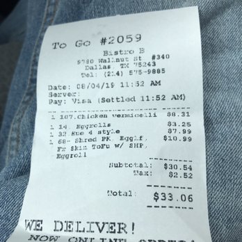Bistro B - Receipt of date when we ate a Bistro B and had a cockroach incident. - Vietnamese Near Me - Dallas, Texas Bistro B - Receipt of date when we ate a Bistro B and had a cockroach incident. - Vietnamese Near Me - Dallas, Texas