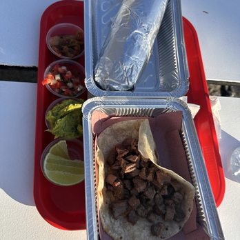 Tacos Royale - Asada burrito and asada taco along with salsas and guac. - Food Stands Near Me - Los Angeles, California