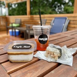 Cafe Kai - Coffee Haupia pie, Li Hing Peach Black tea, and spicy tuna musubi