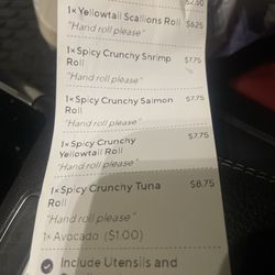 Sakura Japan - Receipt with special instructions for hand rolls but didn't get hand rolls