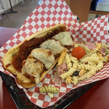OuttaGas Pizza - Homemade Meatball sandwich with pasta salad - Pizza Near Me - Yachats, Oregon OuttaGas Pizza - Homemade Meatball sandwich with pasta salad - Pizza Near Me - Yachats, Oregon
