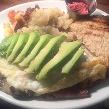 Friedman's - Egg White Omelet with bacon, mushrooms, pepper jack cheese and avocado with a side of potato hash and whole wheat toast!! - Breakfast & Brunch Near Me - New York, New York Friedman's - Egg White Omelet with bacon, mushrooms, pepper jack cheese and avocado with a side of potato hash and whole wheat toast!! - Breakfast & Brunch Near Me - New York, New York