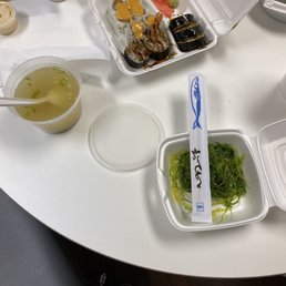 Miso soup, seaweed salad and two lunch rolls. Miso soup, seaweed salad and two lunch rolls.