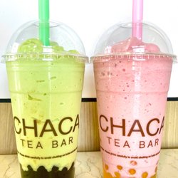 Chaca Tea Bar - Avocado with boba and strawberry smoothie with mango popping boba