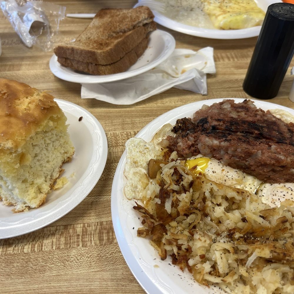 Biscuit, eggs, hash, hash browns. Biscuit, eggs, hash, hash browns.