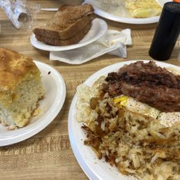 Biscuit, eggs, hash, hash browns.
