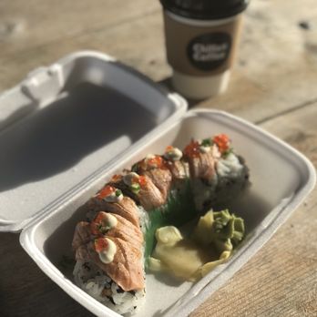 Pearl Sushi - Salmon Lover's Roll and a latte from Chillax Coffee - Japanese Near Me - Richmond Hill, Ontario Pearl Sushi - Salmon Lover's Roll and a latte from Chillax Coffee - Japanese Near Me - Richmond Hill, Ontario