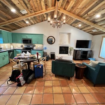 Doves Rest Cabins - The incredibly well-stocked kitchen and living area.  The ceiling was gorgeous!  Actually, everything was! - Vacation Rentals Near Me - Canyon, Texas