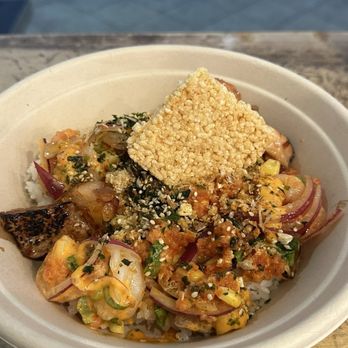 Poké Bar - Medium bowl, spicy tuna + shrimp + grilled salmon, shoyu sauce and spicy mayo, with a crispy rice topping. - Hawaiian Near Me - West Hollywood, California Poké Bar - Medium bowl, spicy tuna + shrimp + grilled salmon, shoyu sauce and spicy mayo, with a crispy rice topping. - Hawaiian Near Me - West Hollywood, California