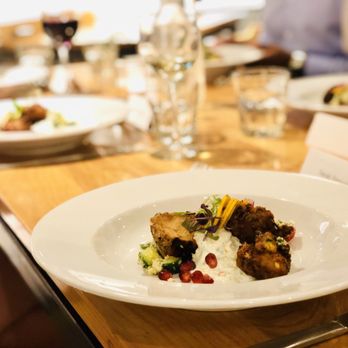 Dish Cooking Studio - Chicken, deep fried zucchini fritters, taboule with zucchini and cauliflower rice, tzatziki, picked zucchini and onion, and pomegranate - Cooking Classes Near Me - Toronto, Ontario