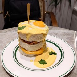 Gram Cafe & Pancakes - A savoury stacked pancakes benedict!