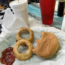Jesse's Drive In - Mini hamburger and small order of onion rings.