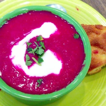 Crema Cafe - Beet and apple cold soup with yogurt swirl. Crusty focaccia fir dipping. - Breakfast & Brunch Near Me - Madison, Wisconsin