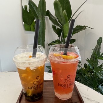 Nostimo Cafe & Tea - Mango Passionfruit Tea and Blooming Strawberry - Coffee & Tea Near Me - Westminster, California