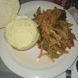 Greene Meadows - Dinner - egg salad on a hamburger bun and veggies