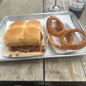 Dog Haus Biergarten - Tempe - Ringer Burger with Onion Rings on the side - Burgers Near Me - Tempe, Arizona Dog Haus Biergarten - Tempe - Ringer Burger with Onion Rings on the side - Burgers Near Me - Tempe, Arizona