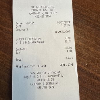 Big Fish Grill - Total today 2/2/2024 3 people - Seafood Near Me - Woodinville, Washington