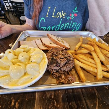 Roegels Barbecue Katy - 2 meat, chopped brisket and turkey along with mac n cheese, and fries. - Barbeque Near Me - Katy, Texas Roegels Barbecue Katy - 2 meat, chopped brisket and turkey along with mac n cheese, and fries. - Barbeque Near Me - Katy, Texas