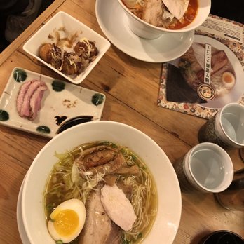 Menya Raizo - Takoyayi, Roasted duck(half eaten), spicy miso ramen and Yuzu shio ramen. - Ramen Near Me - Vancouver, British Columbia