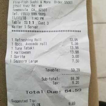 Fire Fish Sushi and More - Receipt - Sushi Bars Near Me - Temecula, California Fire Fish Sushi and More - Receipt - Sushi Bars Near Me - Temecula, California