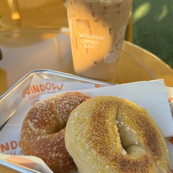 Window Coffee Bar - Sea salt Bagel and and iced vanilla espresso - Coffee & Tea Near Me - Phoenix, Arizona Window Coffee Bar - Sea salt Bagel and and iced vanilla espresso - Coffee & Tea Near Me - Phoenix, Arizona
