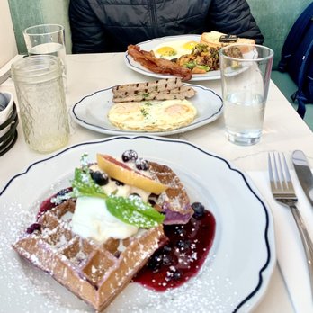 Sweet Maple - Blueberry mochi waffle with sausage and eggs. Sweet and savory! - Breakfast & Brunch Near Me - Cupertino, California