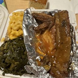 1/2 chicken 1/2 ribs, collard greens, mac n cheese 1/2 chicken 1/2 ribs, collard greens, mac n cheese