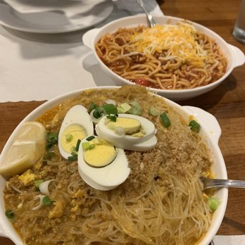 Chibog - Front : Pancit palabok  Back: sweet spaghetti - Filipino Near Me - Daly City, California