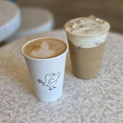 White Sparrow Coffee - Hot love on the weekend and iced vanilla latte with salted cold foam, both amazing