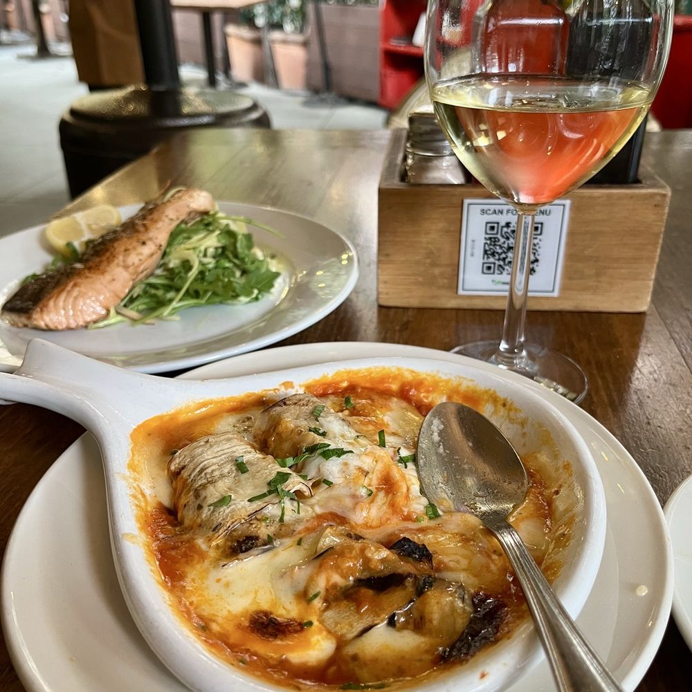 Maccheroni Republic - V Violetta Di Melanzane Fennel and Herb Salad with Grilled Norwegian Salmon - Italian Near Me - Los Angeles, California Maccheroni Republic - V Violetta Di Melanzane Fennel and Herb Salad with Grilled Norwegian Salmon - Italian Near Me - Los Angeles, California