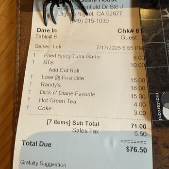 Muse Sushi House - Bill - Sushi Bars Near Me - Laguna Niguel, California